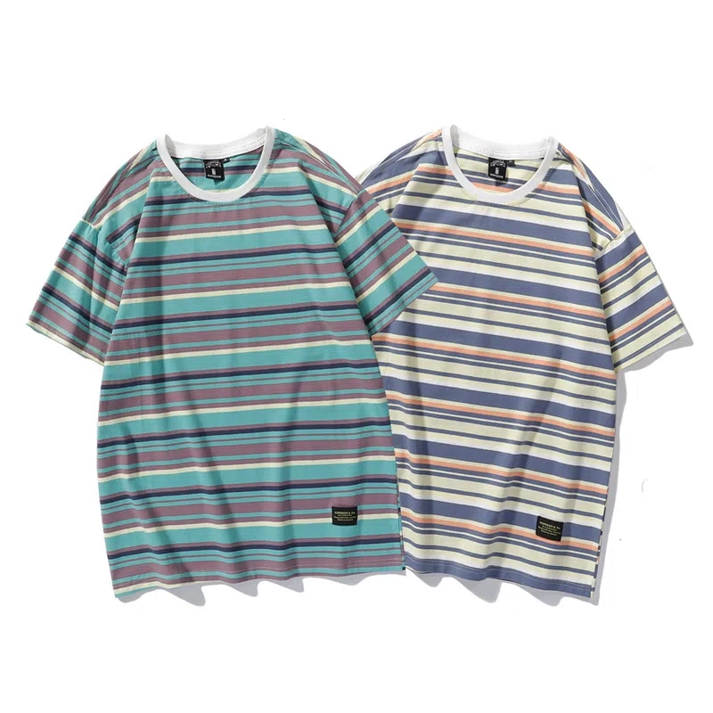 Loose Tshirts Summer Plain Japanese Casual Stripe Cotton Short Sleeved Men T Shirt