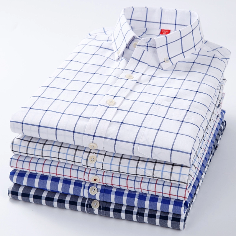 High Quality 100 Cotton Washed Oxford Plaid Long Sleeve Casual Shirts