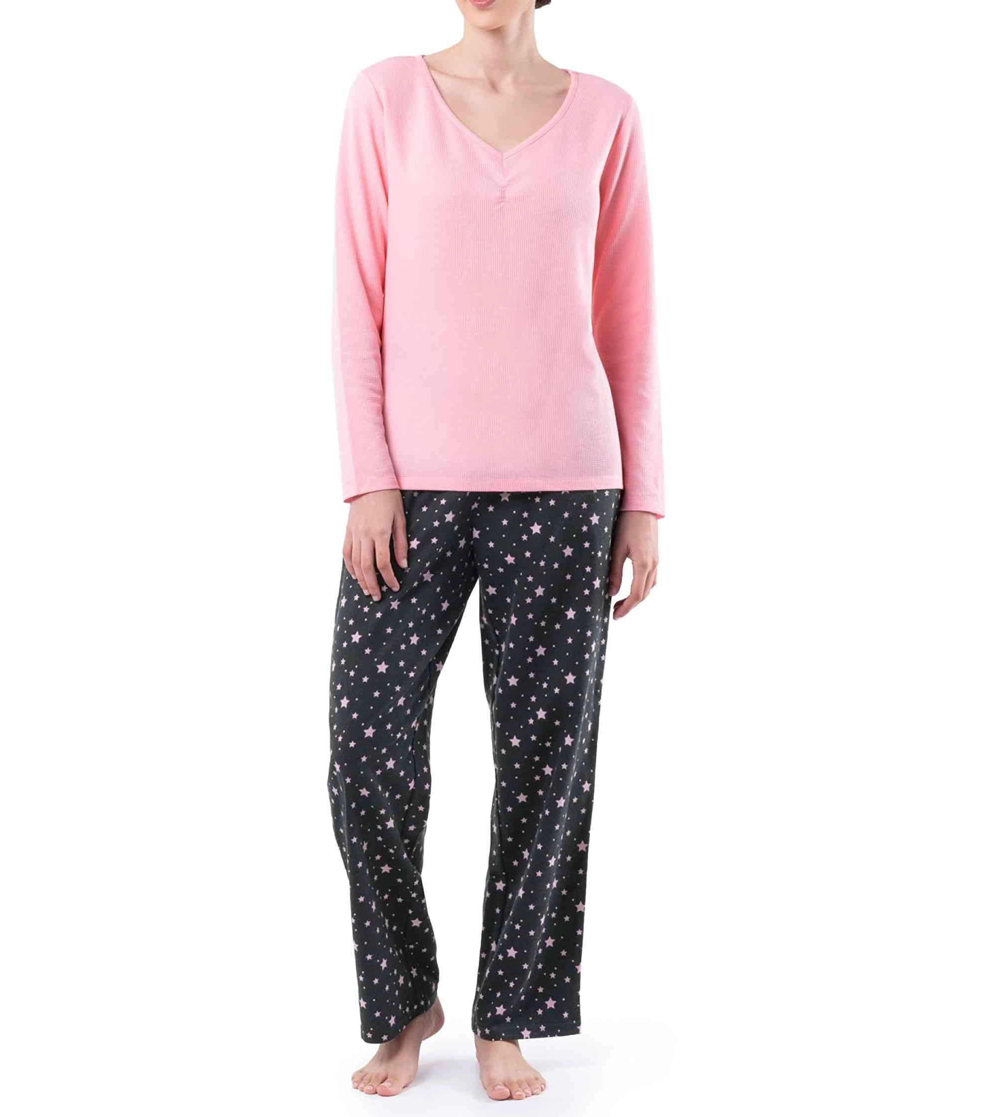 Womens Waffle V Neck Top And Flannel Pant Sleep Set